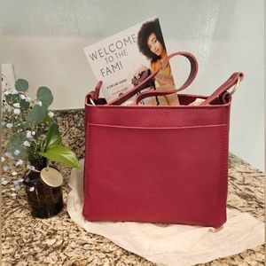 Portland leather goods triangle shoulder bag in cranberry.